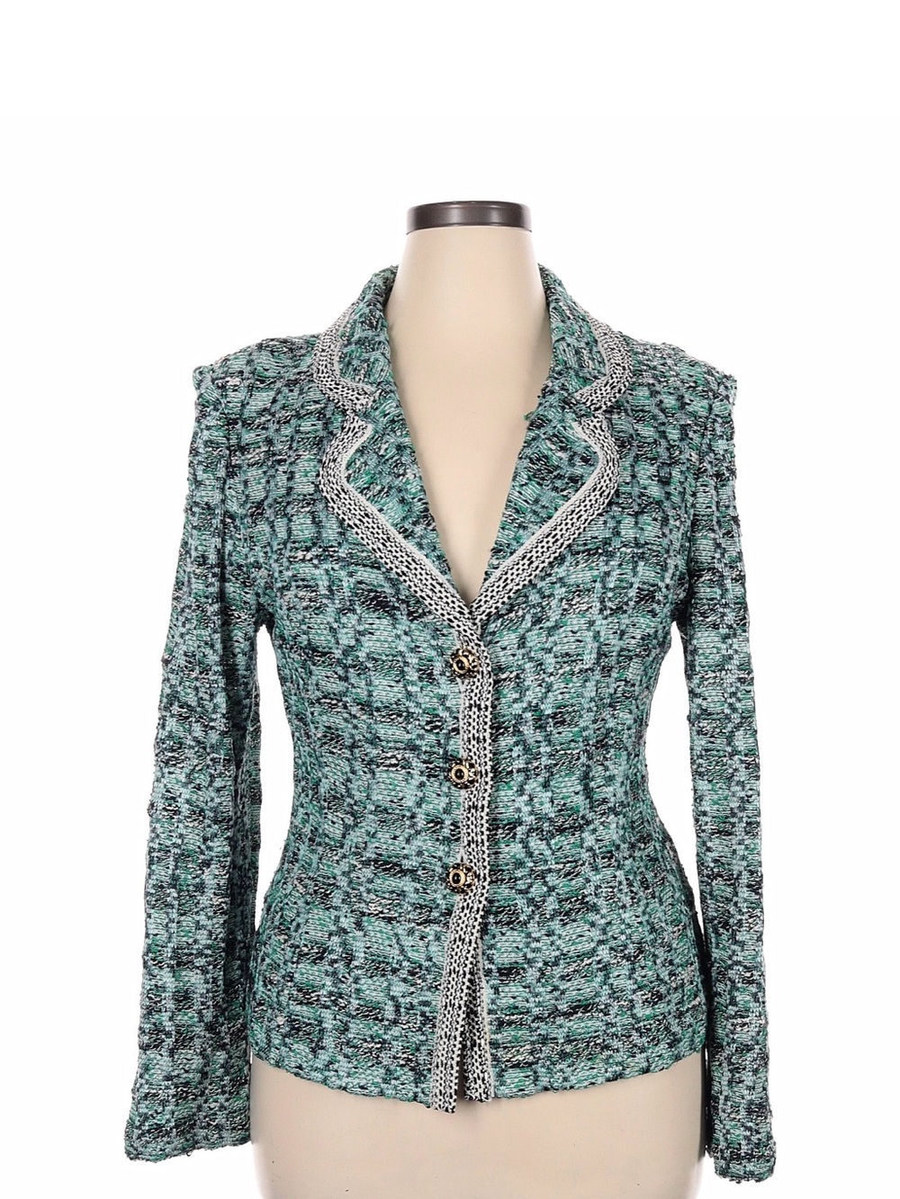 St. John Collection Teal Tweed Blazer with Contrast Trim